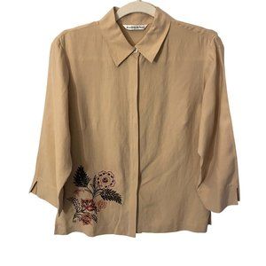 Preston & York Silk Linen Embellished Embroidered Shirt Blouse Women S Tan